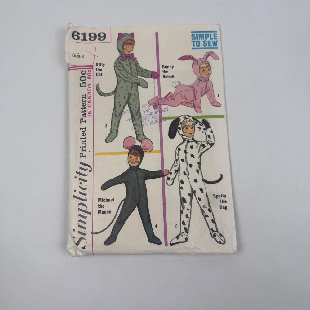 Vintage 1960s Simplicity Sewing Pattern Costume 6199 Rabbit Dog Mouse Cat Uncut